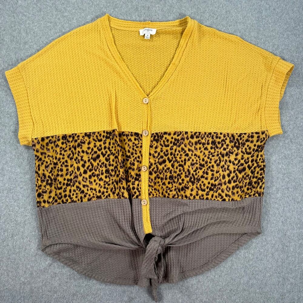 Umgee Colorblock Animal Print Knotted Waist Top Womens Medium Yellow Short Sleev
